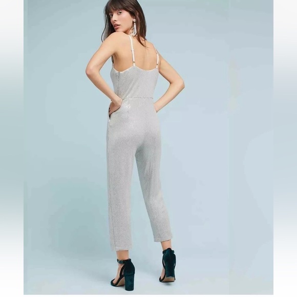 Anthropologie sequin Jumpsuit Women Silver Gray Stretch Coastal Disco Occasion - Picture 2 of 16